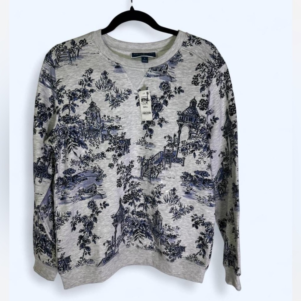 Karen Scott Gray and Blue Scenic Crewneck Sweater